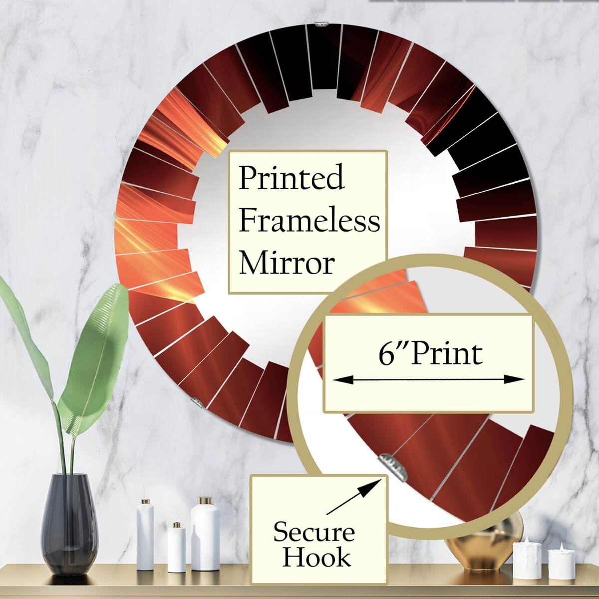 Designart "Orange Abstract Warm Fractal Design IX" Fractals Modern Wall Mirror
