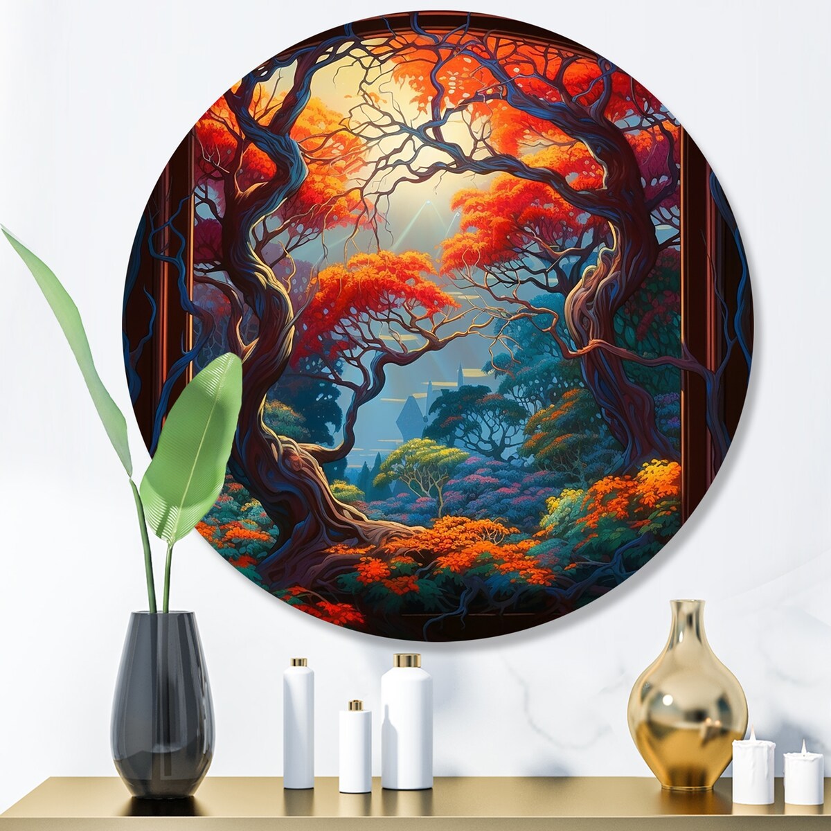 Designart "Orange And Brown Branches In Window III" Farm Door and Windows Metal Round Wall Art