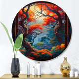 Designart "Orange And Brown Branches In Window III" Farm Door and Windows Metal Round Wall Art
