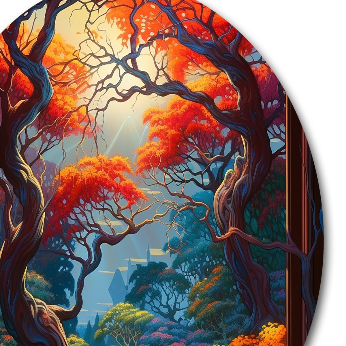 Designart "Orange And Brown Branches In Window III" Farm Door and Windows Metal Round Wall Art