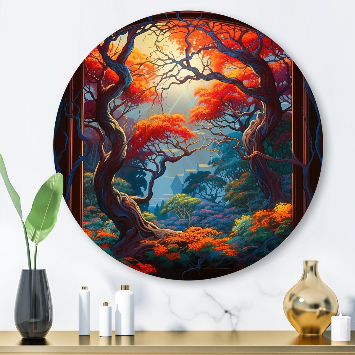 Designart "Orange And Brown Branches In Window III" Farm Door and Windows Metal Round Wall Art