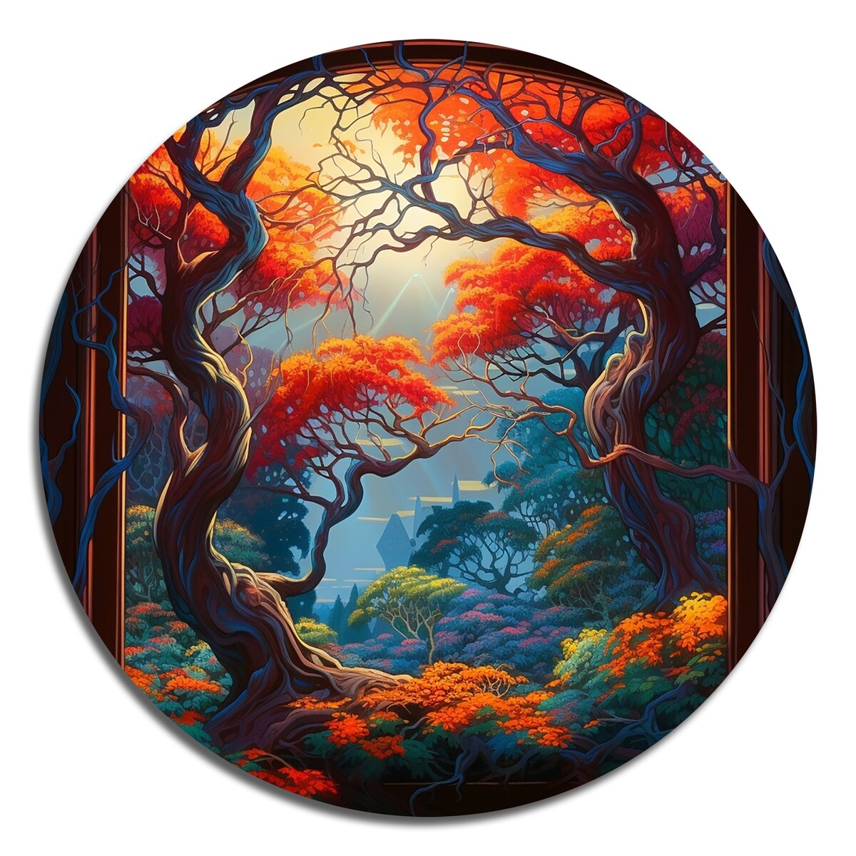 Designart "Orange And Brown Branches In Window III" Farm Door and Windows Metal Round Wall Art