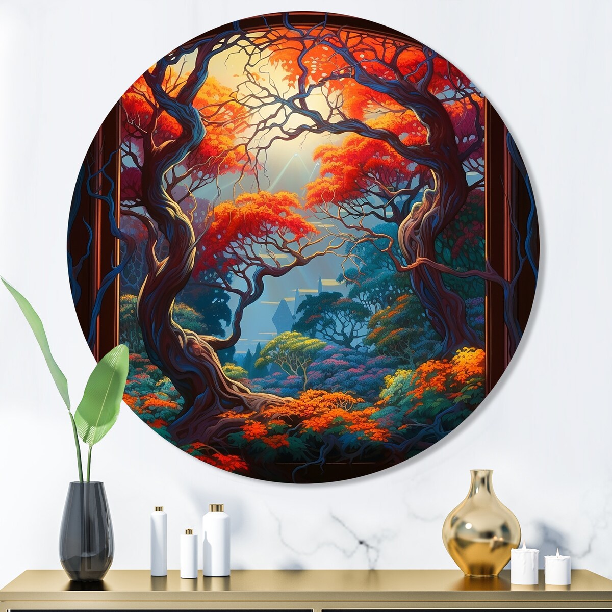 Designart "Orange And Brown Branches In Window III" Farm Door and Windows Metal Round Wall Art