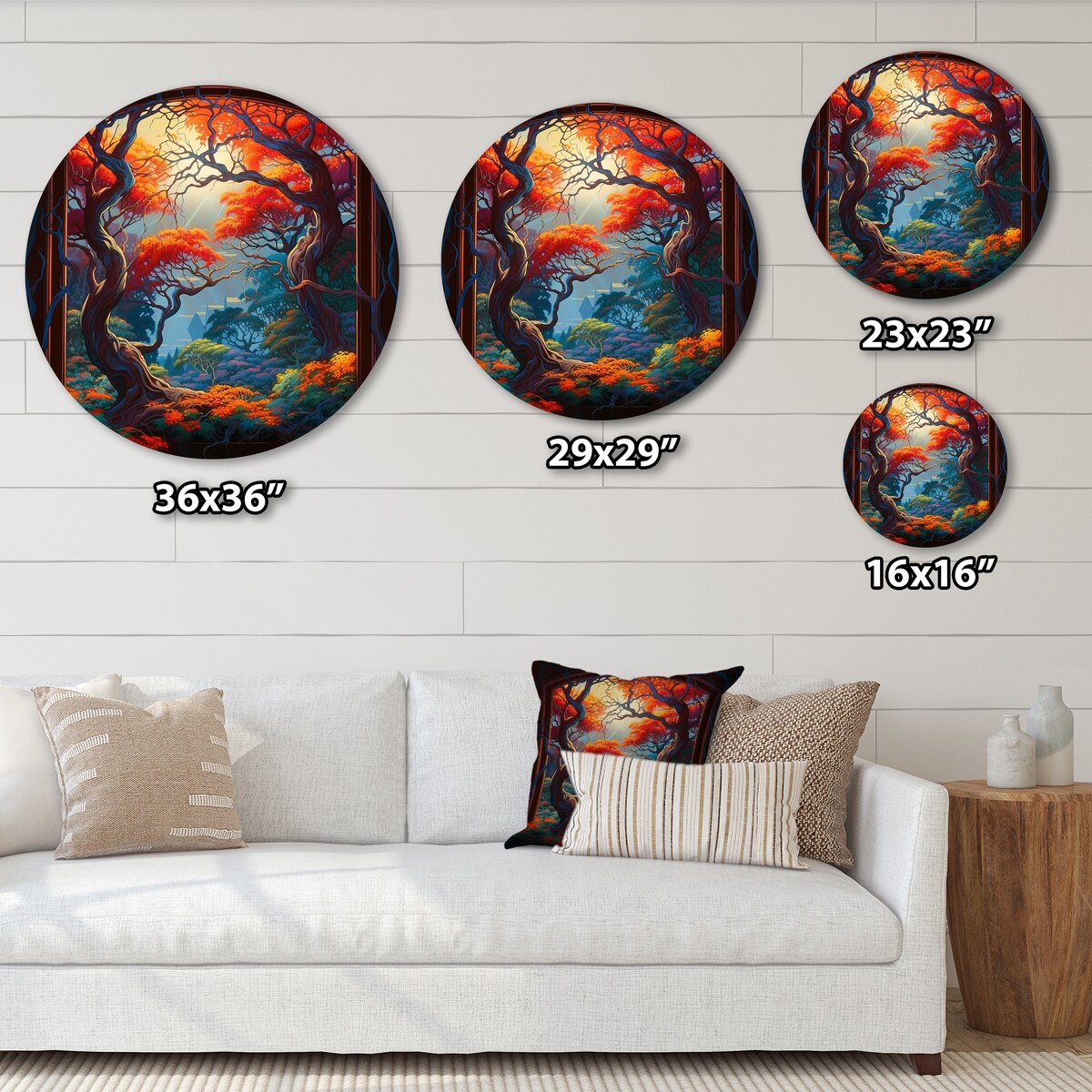 Designart "Orange And Brown Branches In Window III" Farm Door and Windows Metal Round Wall Art