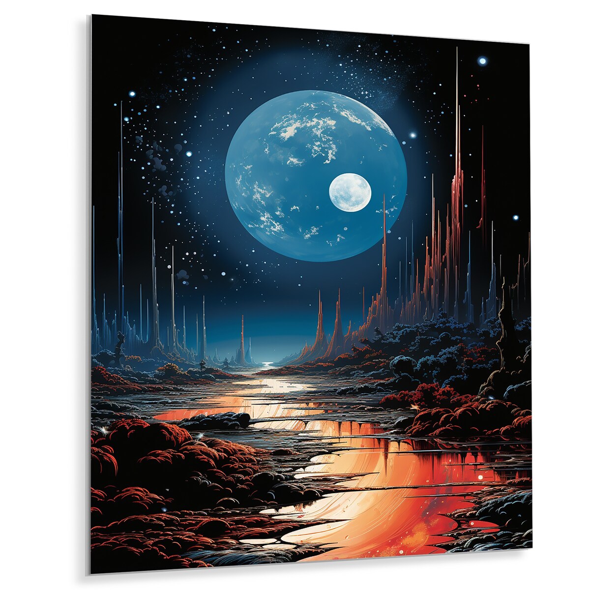 Designart "Orange And Green Planet Landscape II" Space Planet Blue Metal Wall Art - Astronomy & Space Metal Art Work