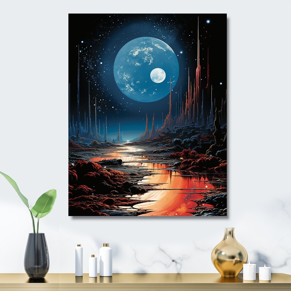 Designart "Orange And Green Planet Landscape II" Space Planet Blue Metal Wall Art - Astronomy & Space Metal Art Work