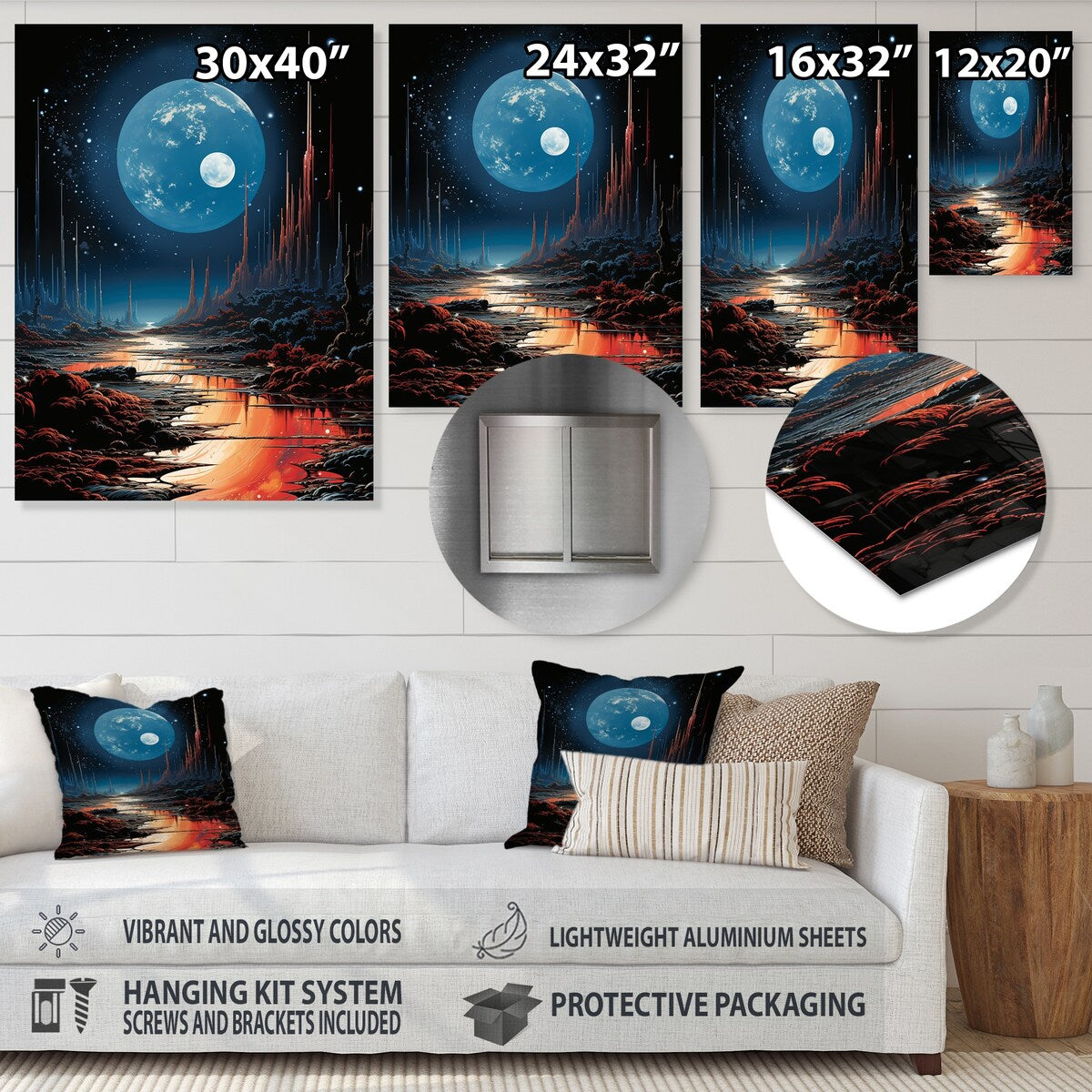 Designart "Orange And Green Planet Landscape II" Space Planet Blue Metal Wall Art - Astronomy & Space Metal Art Work