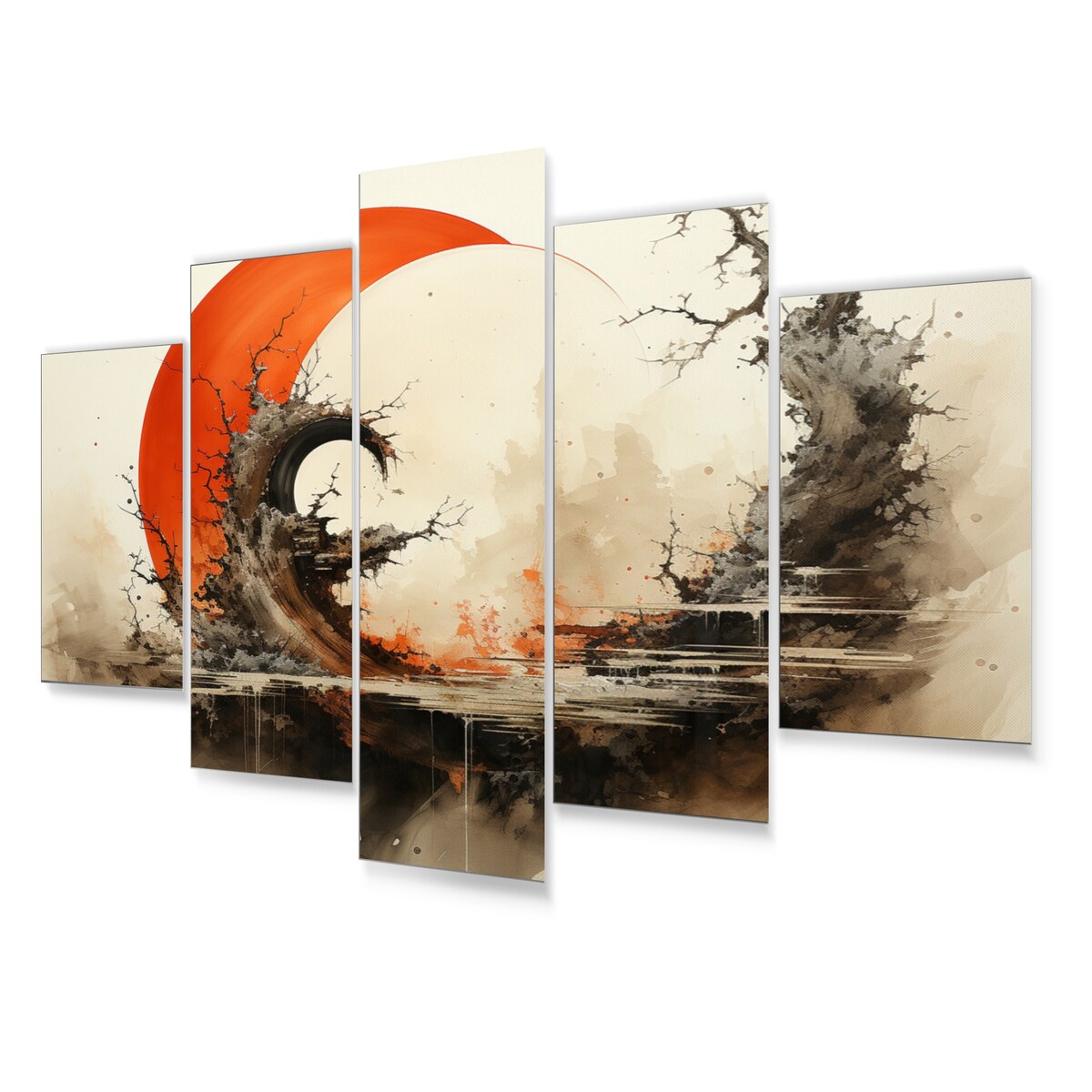 Designart "Orange Beige Buddhist Art Enso Enlightenment" Spiritual Metal Wall Décor Set