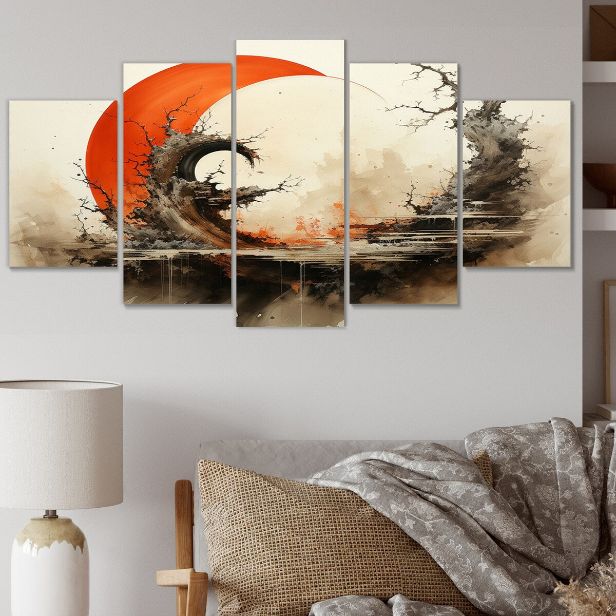 Designart "Orange Beige Buddhist Art Enso Enlightenment" Spiritual Metal Wall Décor Set