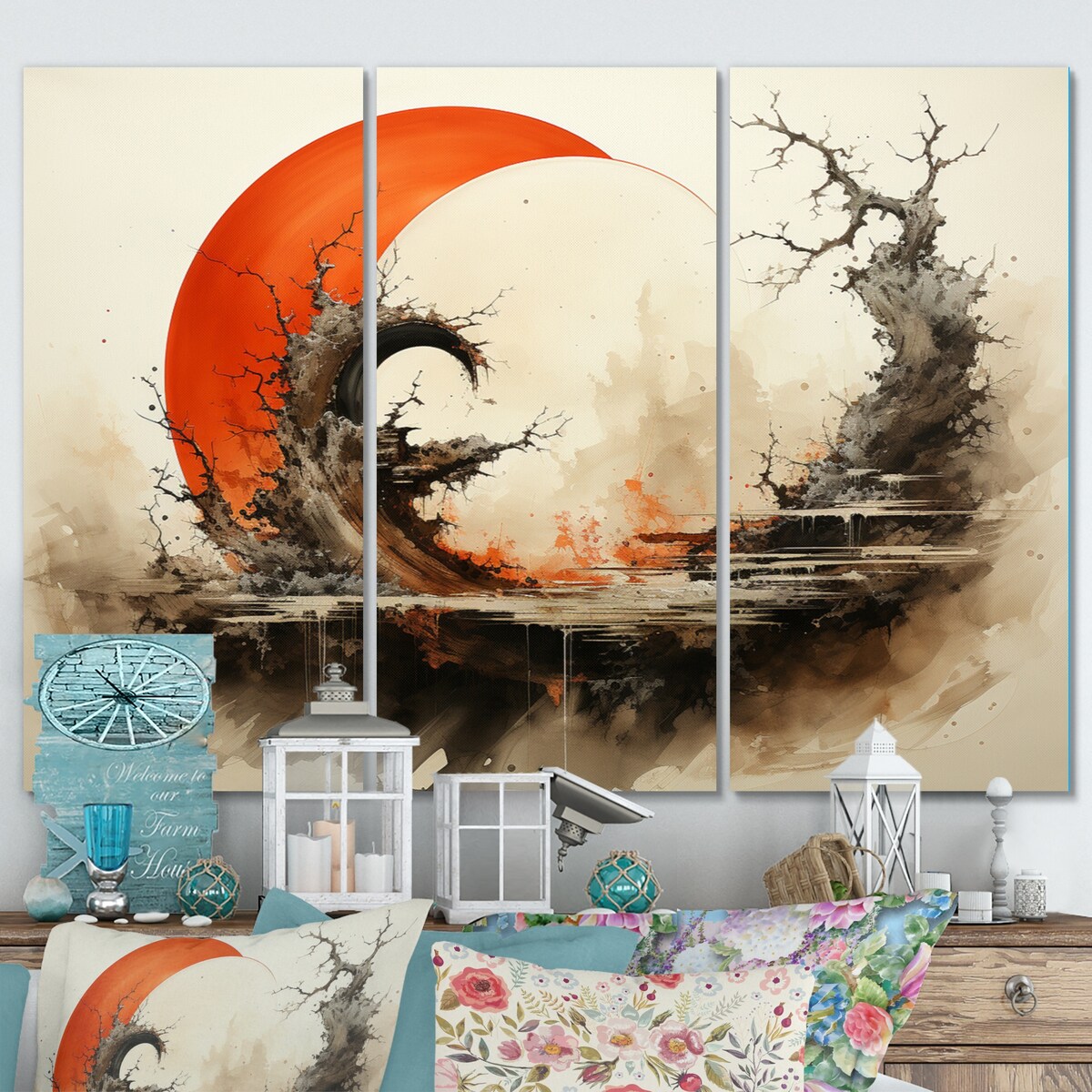 Designart "Orange Beige Buddhist Art Enso Enlightenment" Spiritual Metal Wall Décor Set