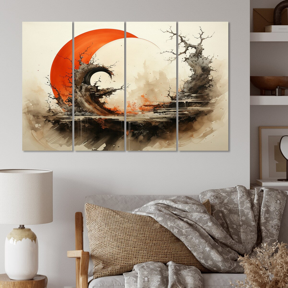 Designart "Orange Beige Buddhist Art Enso Enlightenment" Spiritual Metal Wall Décor Set