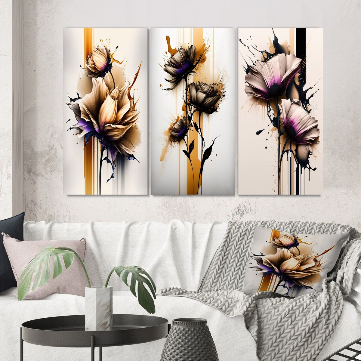 Designart "Orange Dahlia Flower On Abstract Fusion IV" Floral & Botanical Wall Art Set Of 3 Printed Art Set For Bedroom
