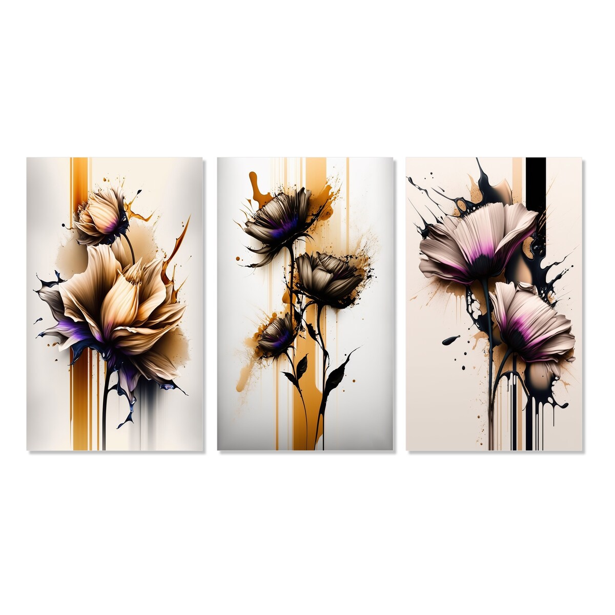 Designart "Orange Dahlia Flower On Abstract Fusion IV" Floral & Botanical Wall Art Set Of 3 Printed Art Set For Bedroom