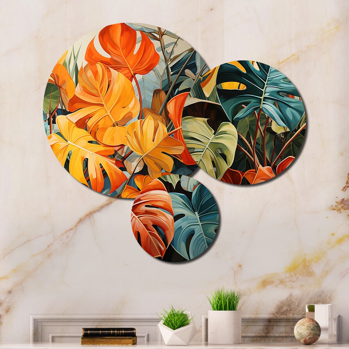 Designart "Orange Green Tropical Plants III" Tropical Metal Wall Decor Set