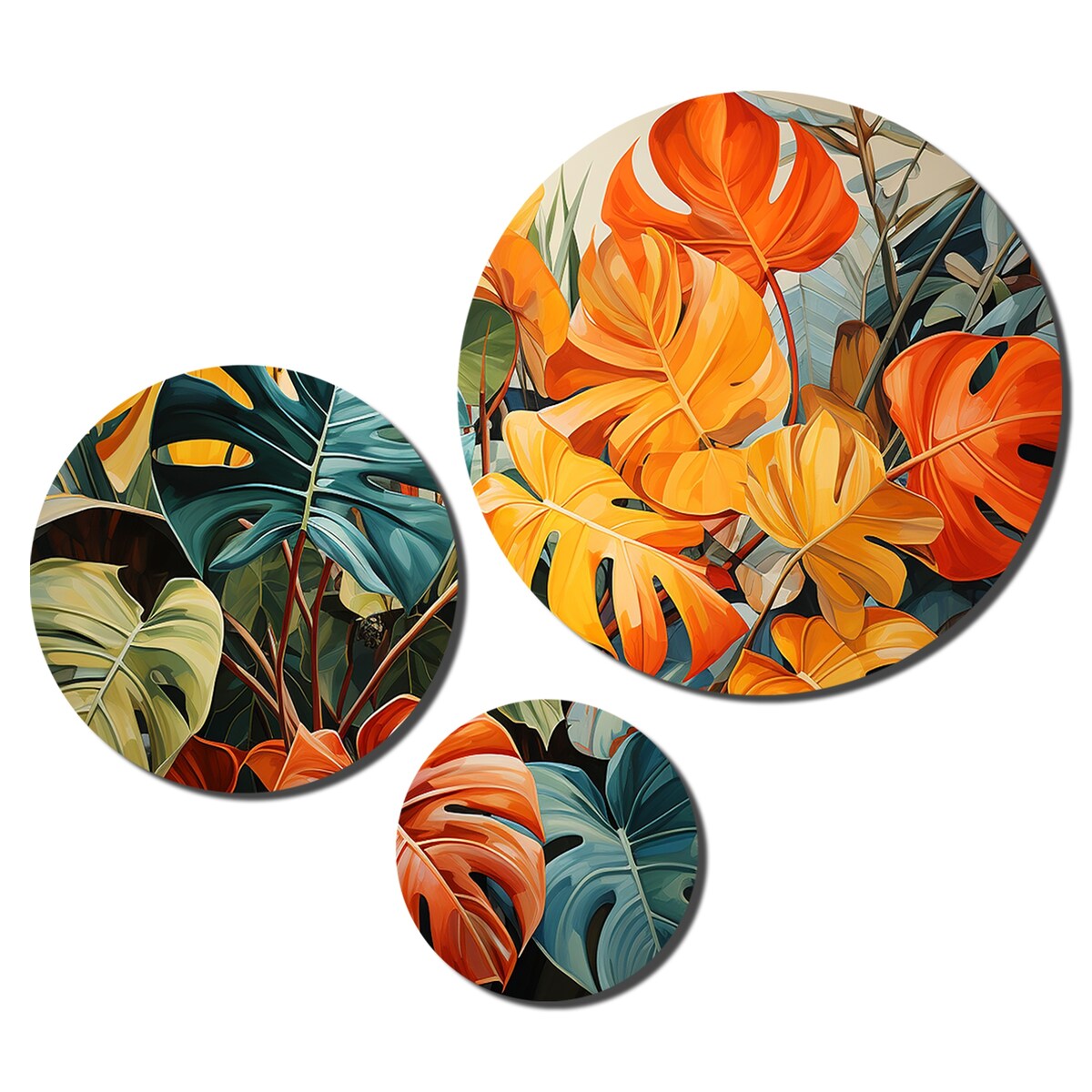 Designart "Orange Green Tropical Plants III" Tropical Metal Wall Decor Set