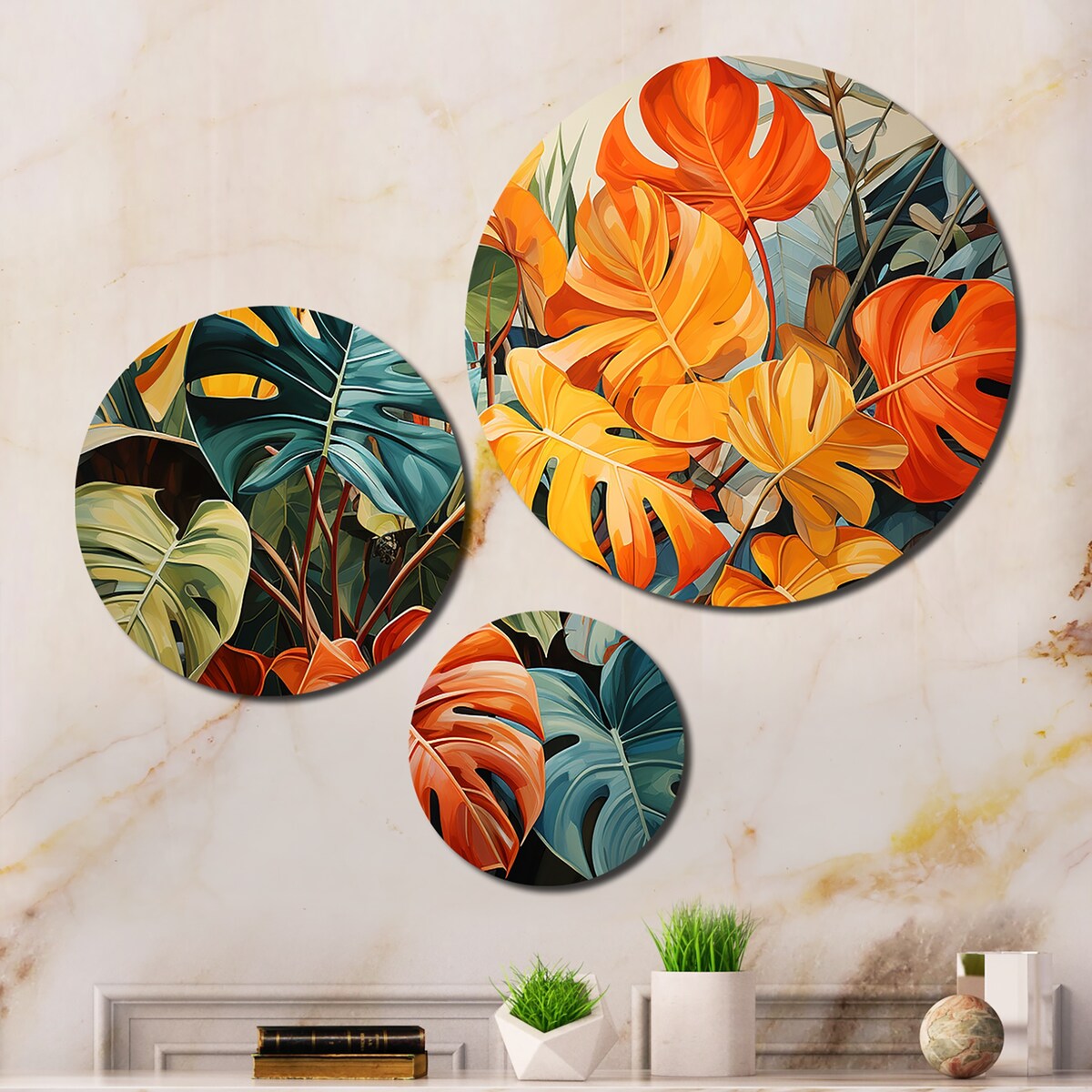 Designart "Orange Green Tropical Plants III" Tropical Metal Wall Decor Set
