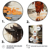 Designart "Orange Grey Buddhist Art Buddhas Footprints I" Buddhism Framed Wall Decor