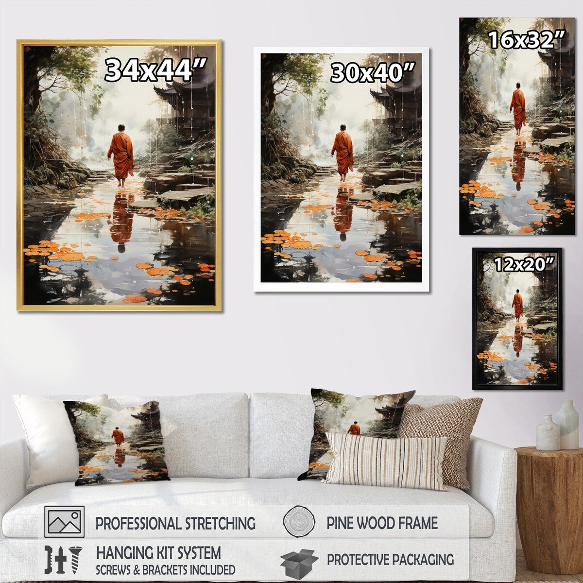 Designart "Orange Grey Buddhist Art Buddhas Footprints I" Buddhism Framed Wall Decor