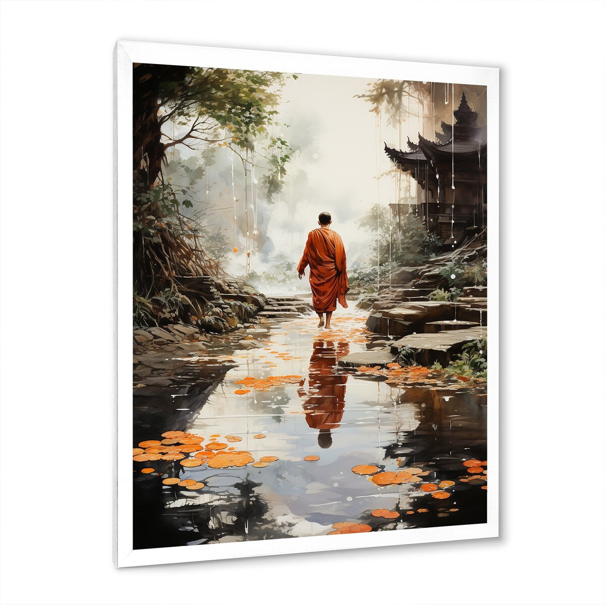 Designart "Orange Grey Buddhist Art Buddhas Footprints I" Buddhism Framed Wall Decor