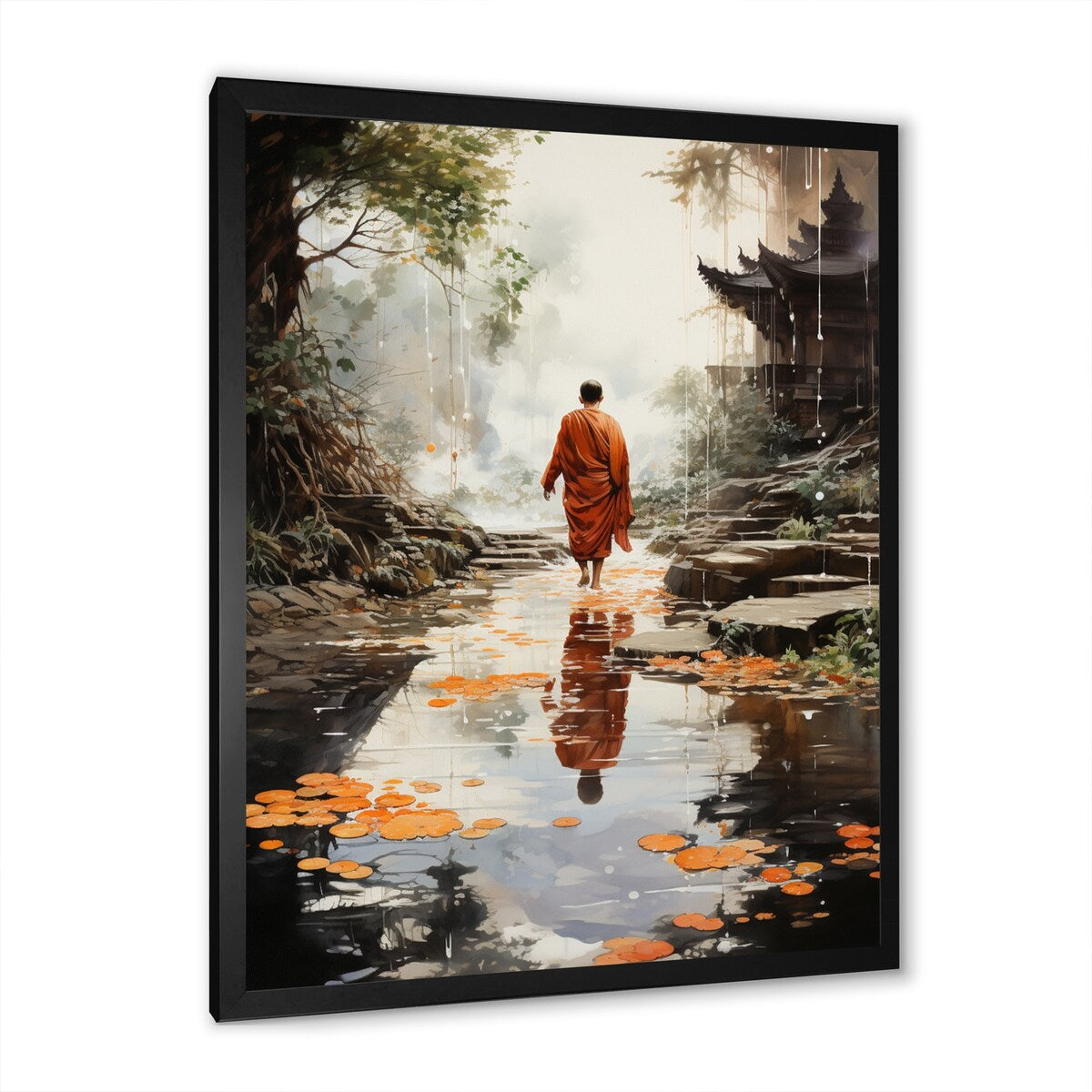 Designart "Orange Grey Buddhist Art Buddhas Footprints I" Buddhism Framed Wall Decor