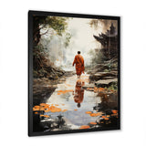 Designart "Orange Grey Buddhist Art Buddhas Footprints I" Buddhism Framed Wall Decor