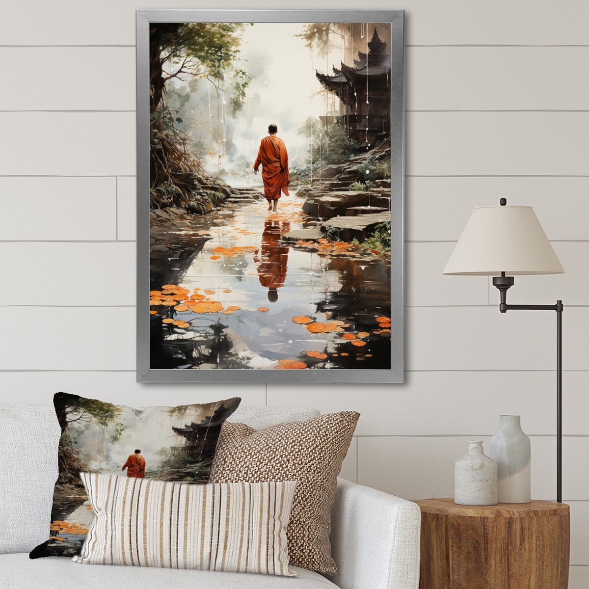 Designart "Orange Grey Buddhist Art Buddhas Footprints I" Buddhism Framed Wall Decor
