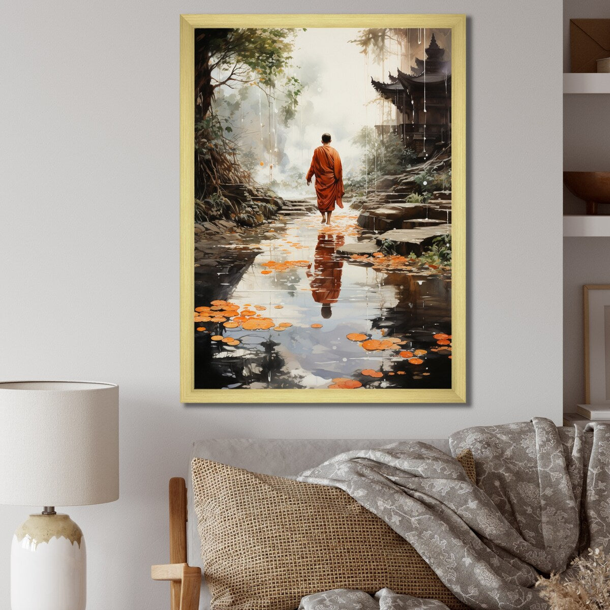 Designart "Orange Grey Buddhist Art Buddhas Footprints I" Buddhism Framed Wall Decor