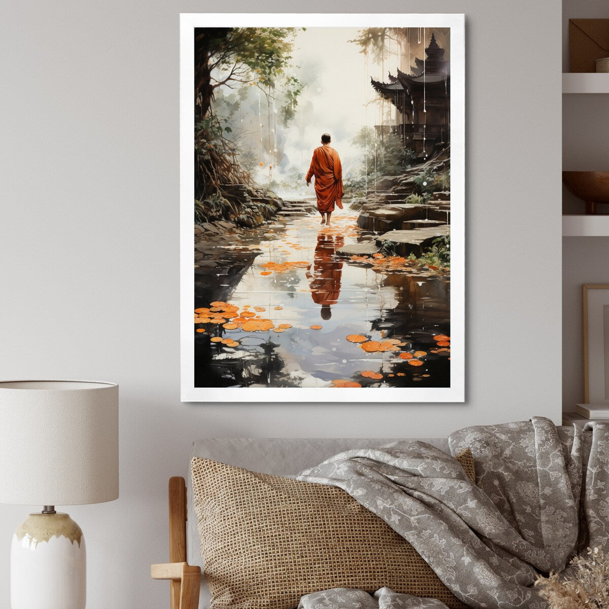 Designart "Orange Grey Buddhist Art Buddhas Footprints I" Buddhism Framed Wall Decor