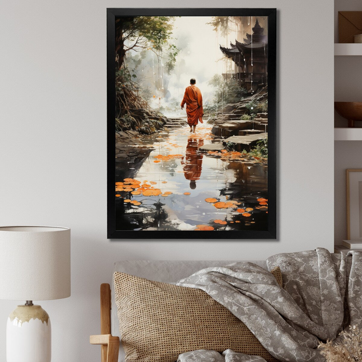 Designart "Orange Grey Buddhist Art Buddhas Footprints I" Buddhism Framed Wall Decor
