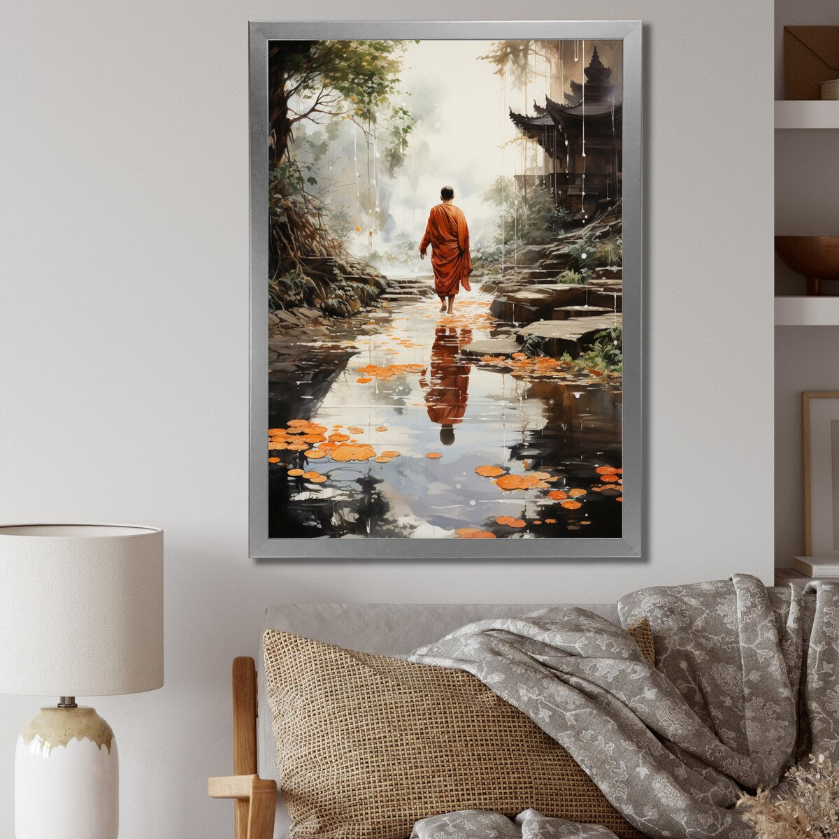 Designart "Orange Grey Buddhist Art Buddhas Footprints I" Buddhism Framed Wall Decor