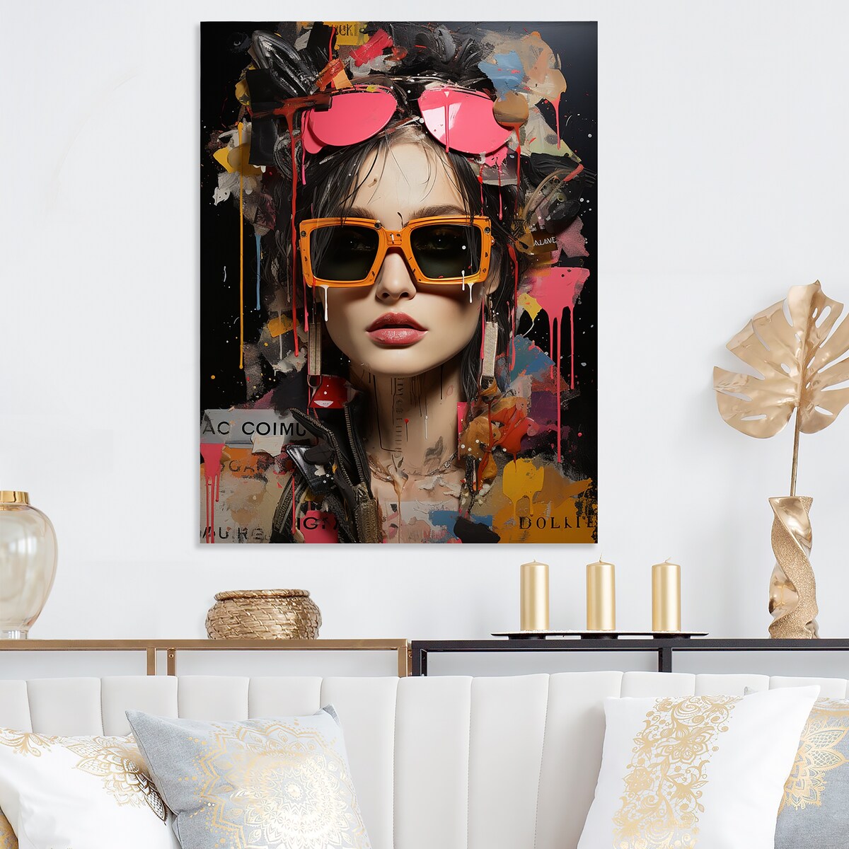 Designart "Orange Grunge Woman Portrait III" Woman Pop Art Metal Wall Art - Orange Wall Décor Modern Metal Art Work