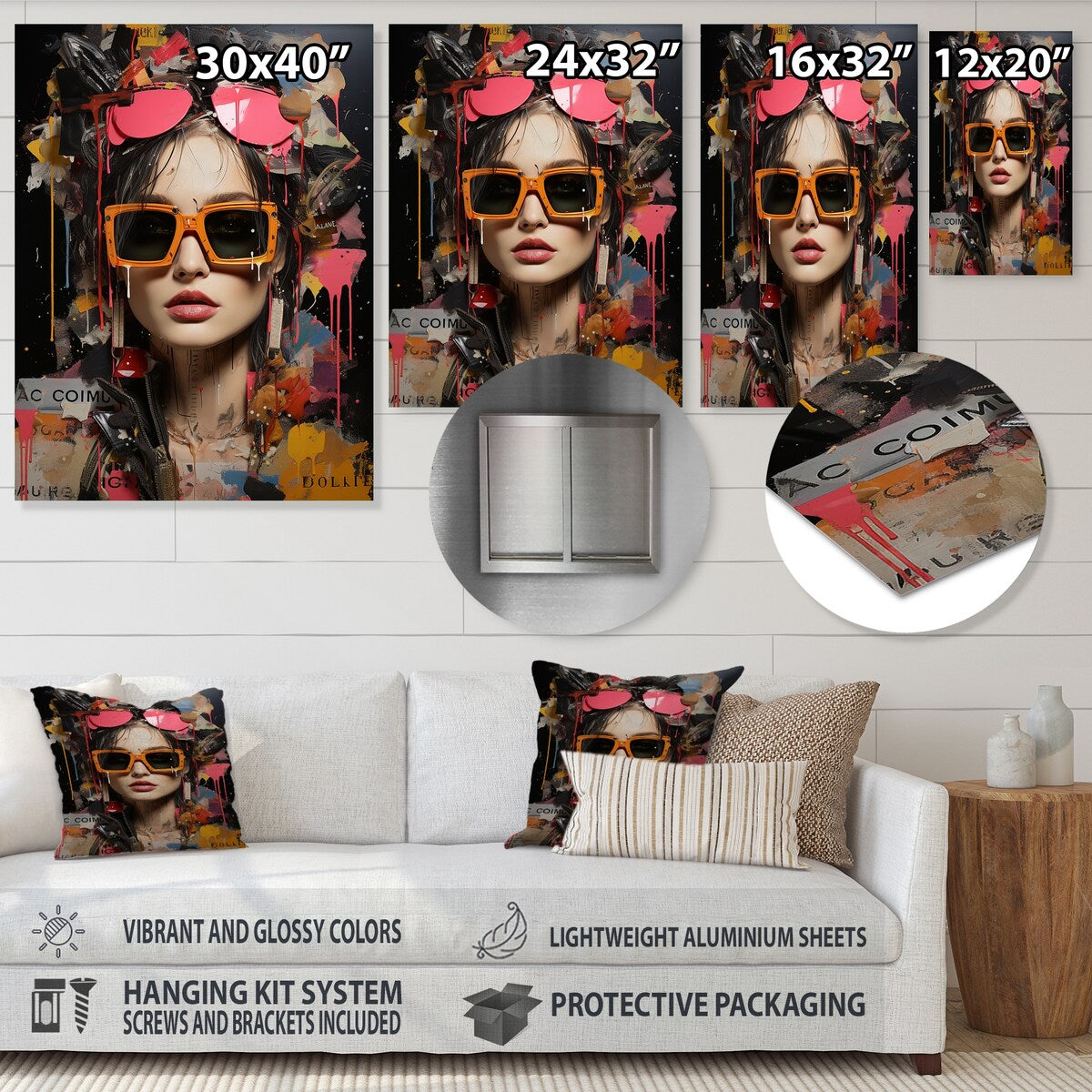 Designart "Orange Grunge Woman Portrait III" Woman Pop Art Metal Wall Art - Orange Wall Décor Modern Metal Art Work