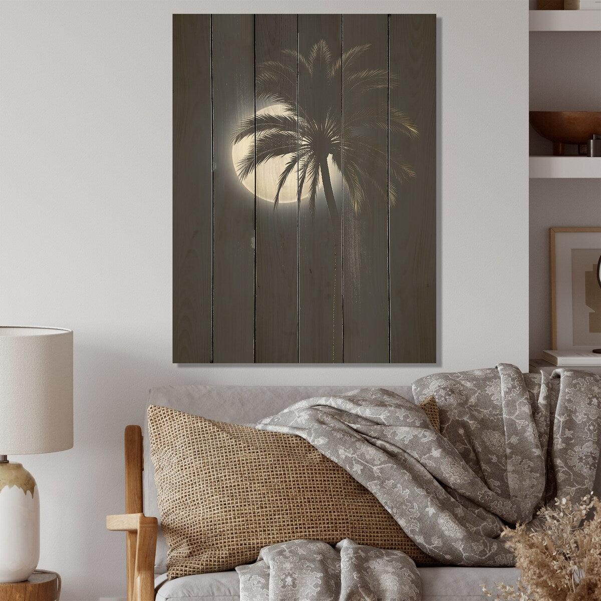 Designart "Palm Tree Moonlight Ebony Evening I" Palms & Palm Trees Wall Art Black Wood Panel On Natural Pine Wood