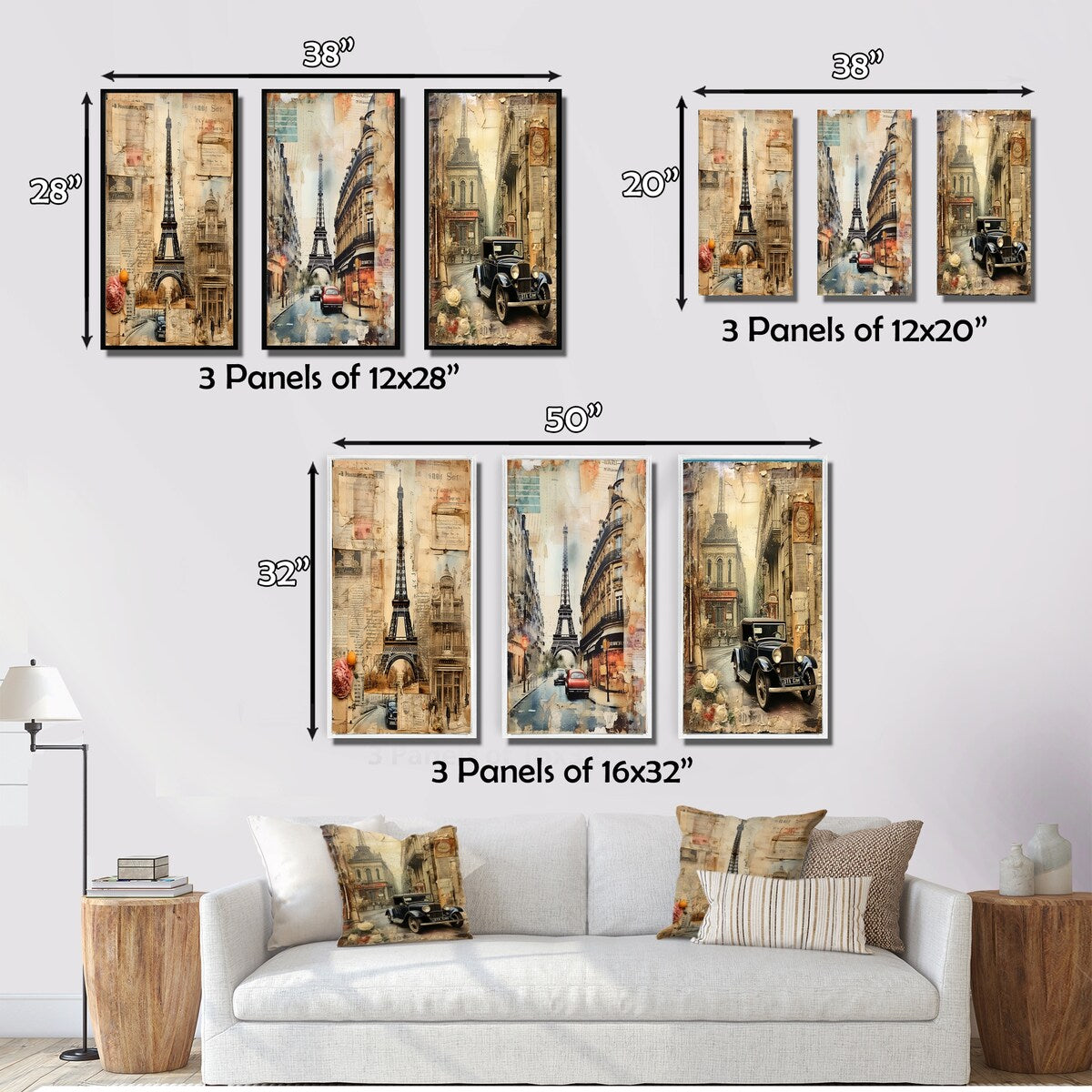 Designart "Paris Chronicles Vintage Collage IX" City Paris Wall Art Set Of 3 - Traditional Gallery Set For Office Decor