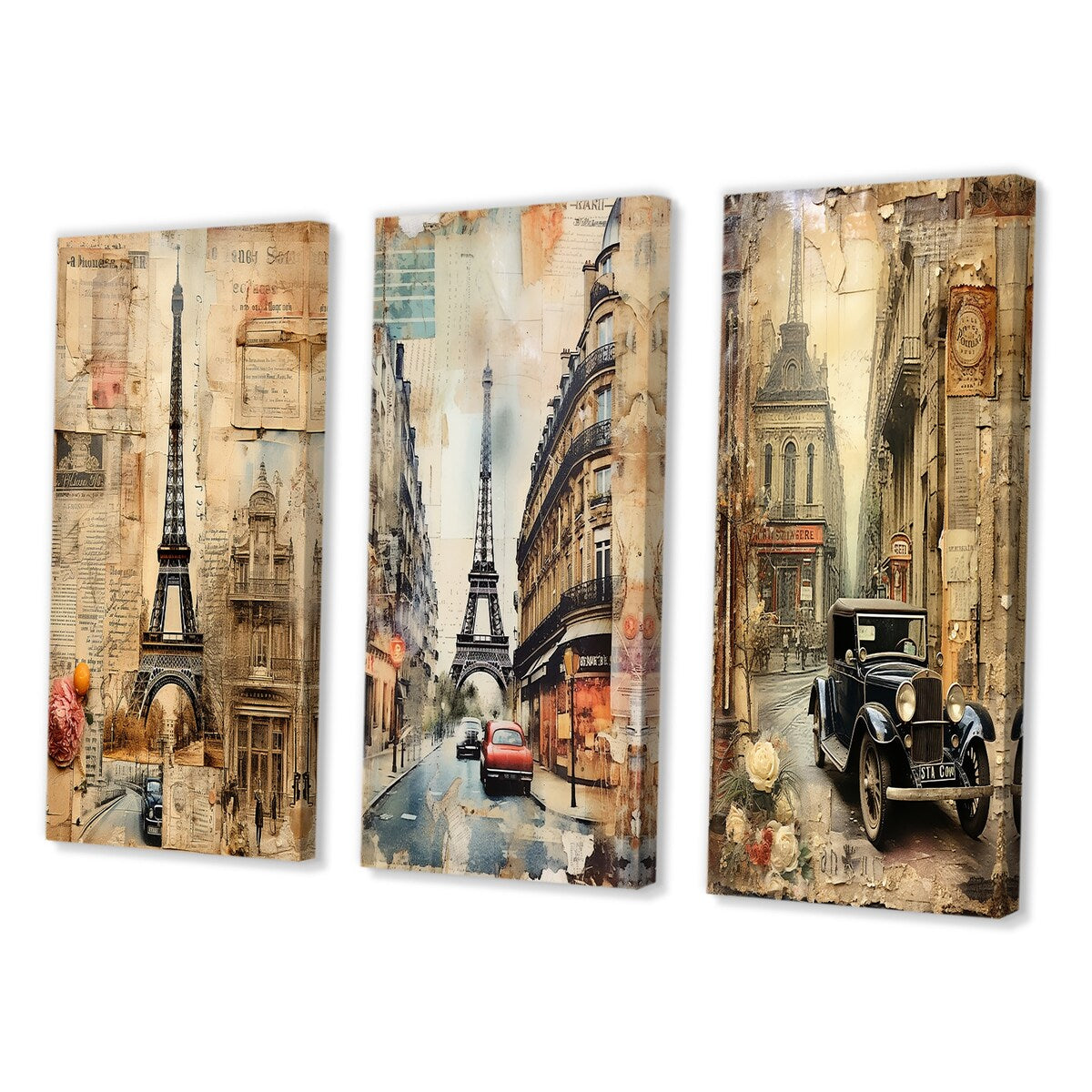 Designart "Paris Chronicles Vintage Collage IX" City Paris Wall Art Set Of 3 - Traditional Gallery Set For Office Decor