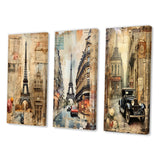 Designart "Paris Chronicles Vintage Collage IX" City Paris Wall Art Set Of 3 - Traditional Gallery Set For Office Decor