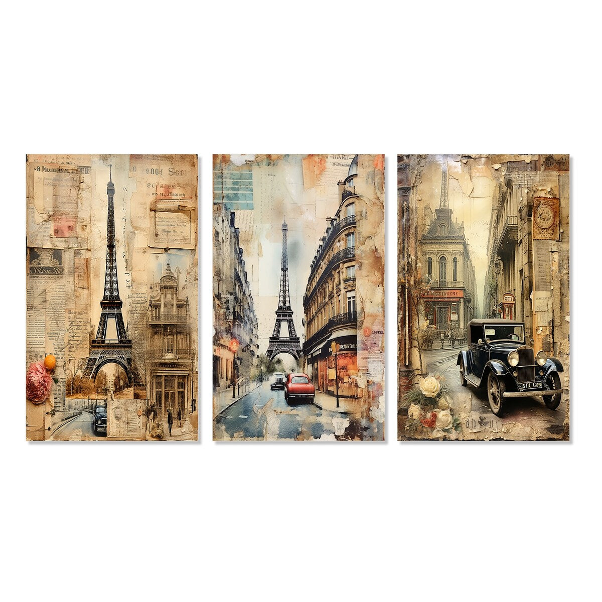 Designart "Paris Chronicles Vintage Collage IX" City Paris Wall Art Set Of 3 - Traditional Gallery Set For Office Decor