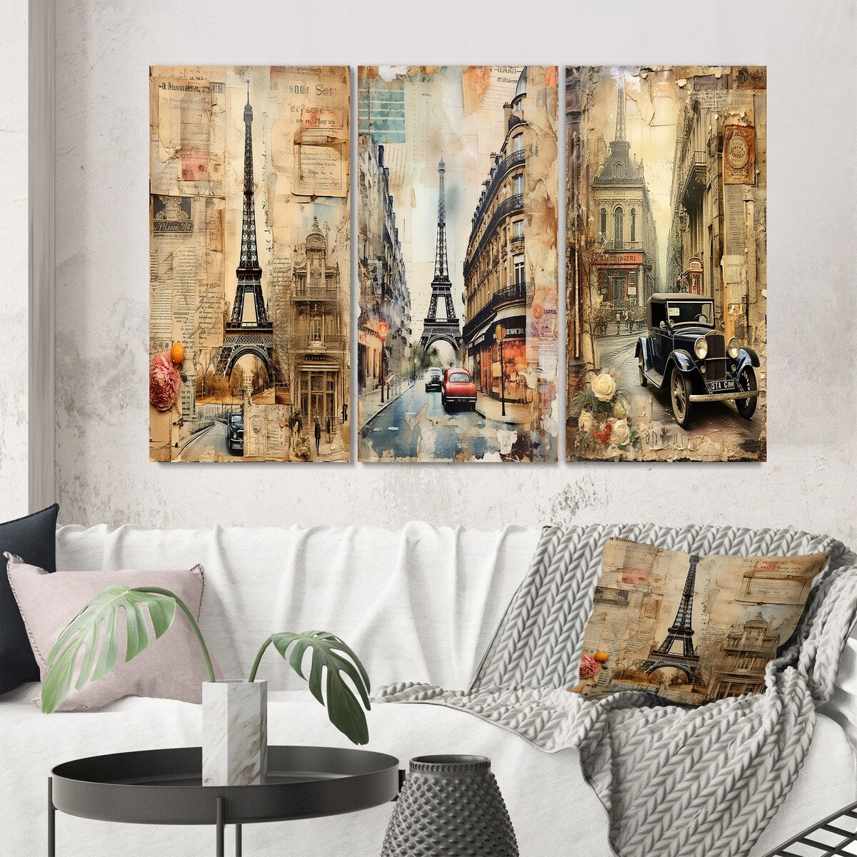 Designart "Paris Chronicles Vintage Collage IX" City Paris Wall Art Set Of 3 - Traditional Gallery Set For Office Decor