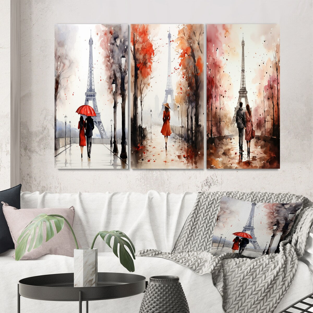 Designart "Paris Couple In Love Vintage Eiffel Tower V" City Paris Wall Art Set Of 3 - Canvas Set For Living Room Decor