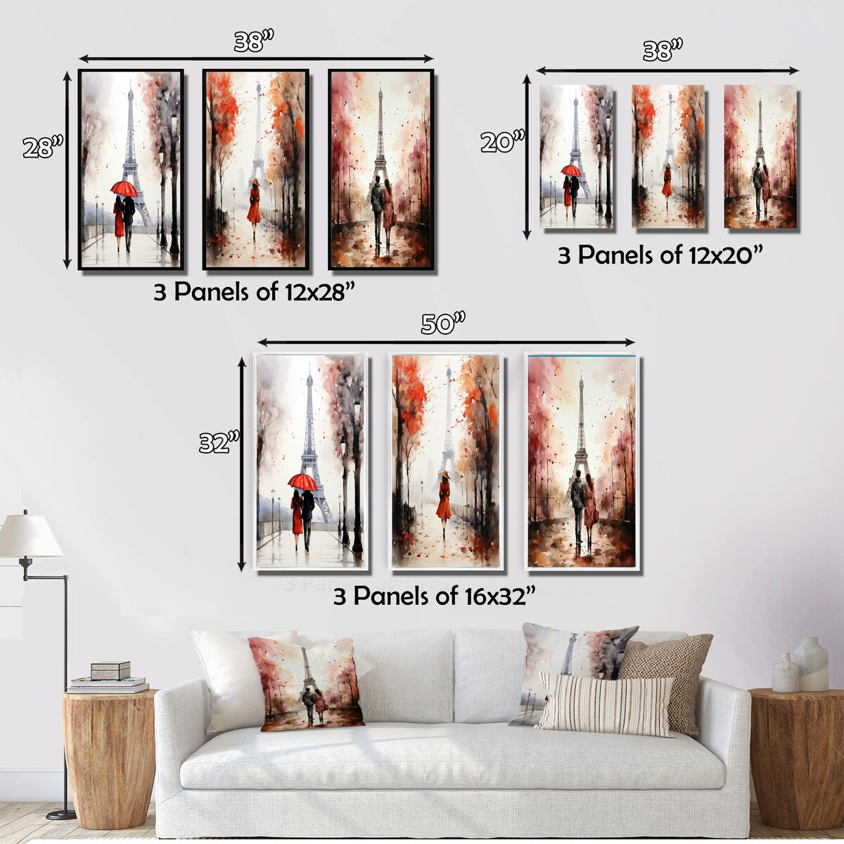 Designart "Paris Couple In Love Vintage Eiffel Tower V" City Paris Wall Art Set Of 3 - Canvas Set For Living Room Decor