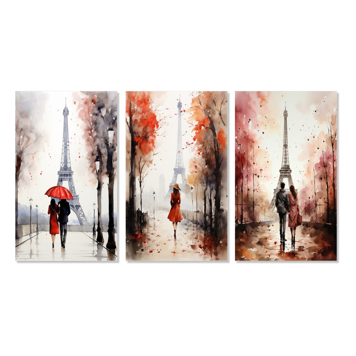 Designart "Paris Couple In Love Vintage Eiffel Tower V" City Paris Wall Art Set Of 3 - Canvas Set For Living Room Decor