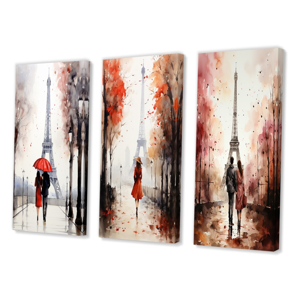 Designart "Paris Couple In Love Vintage Eiffel Tower V" City Paris Wall Art Set Of 3 - Canvas Set For Living Room Decor