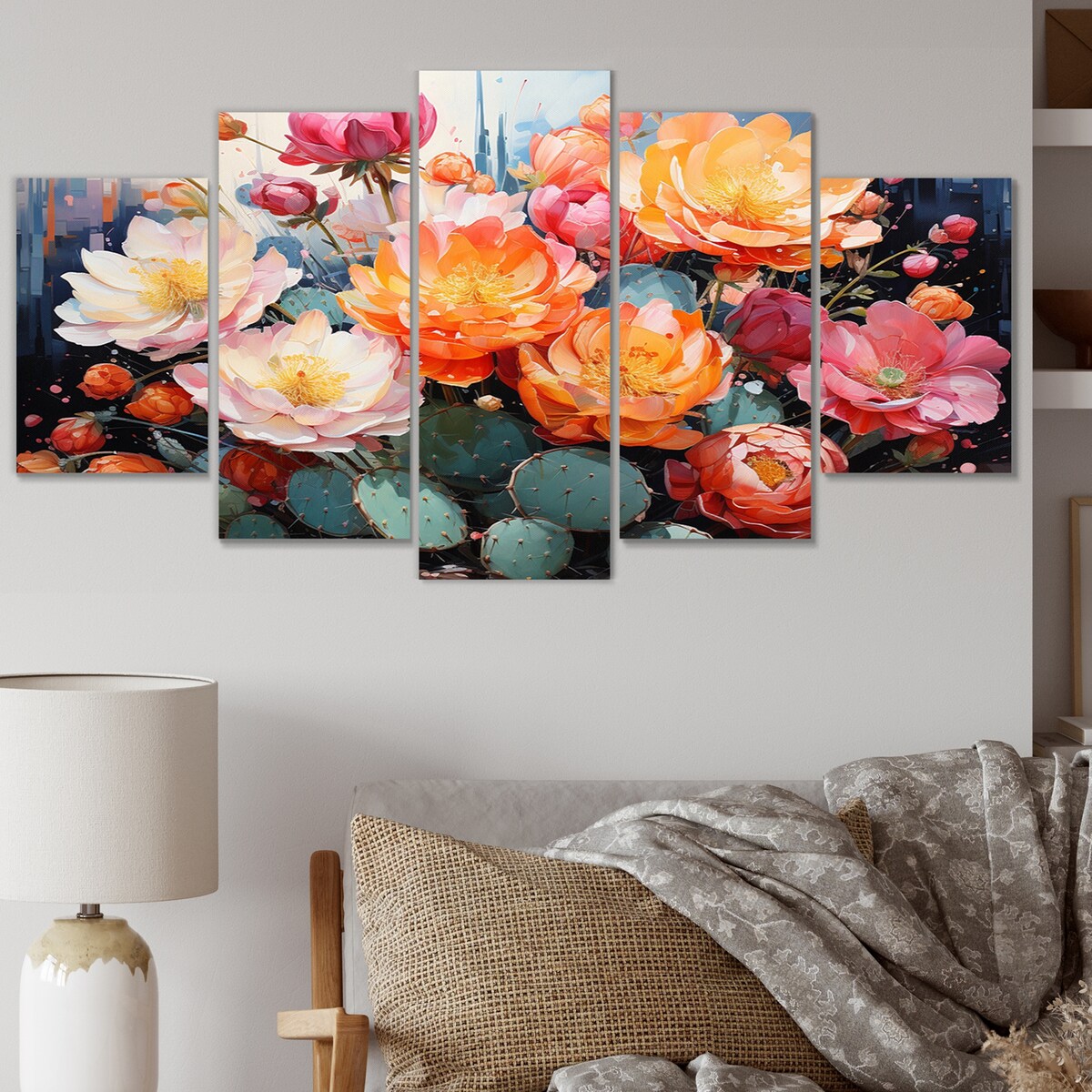 Designart "Peach Green Cactus Representation Multicolored Acrylic I" Floral Art Living Room Set