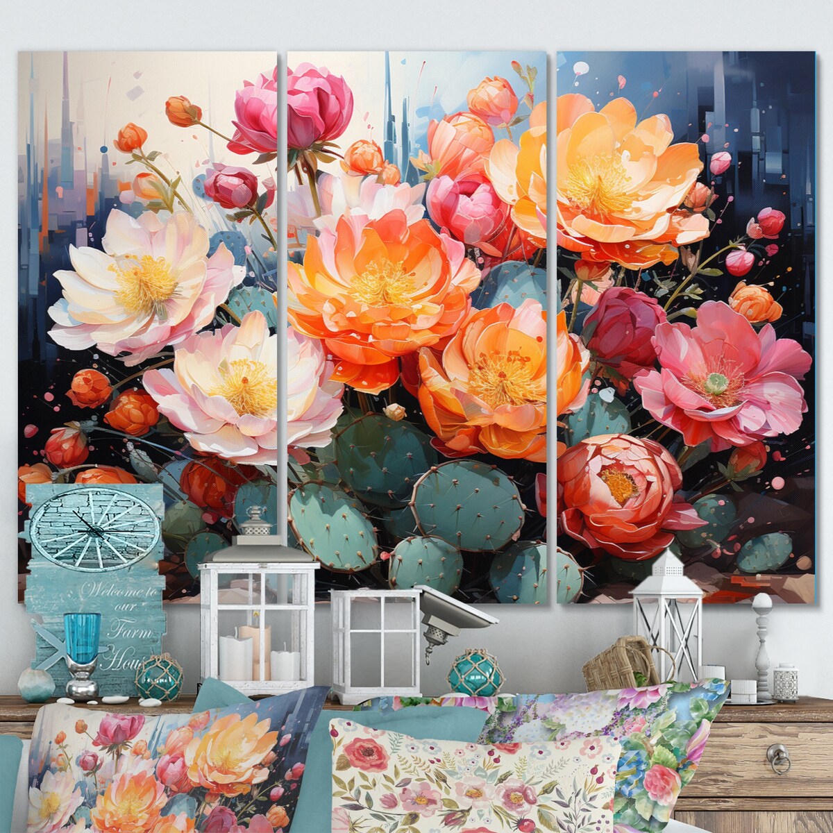 Designart "Peach Green Cactus Representation Multicolored Acrylic I" Floral Art Living Room Set