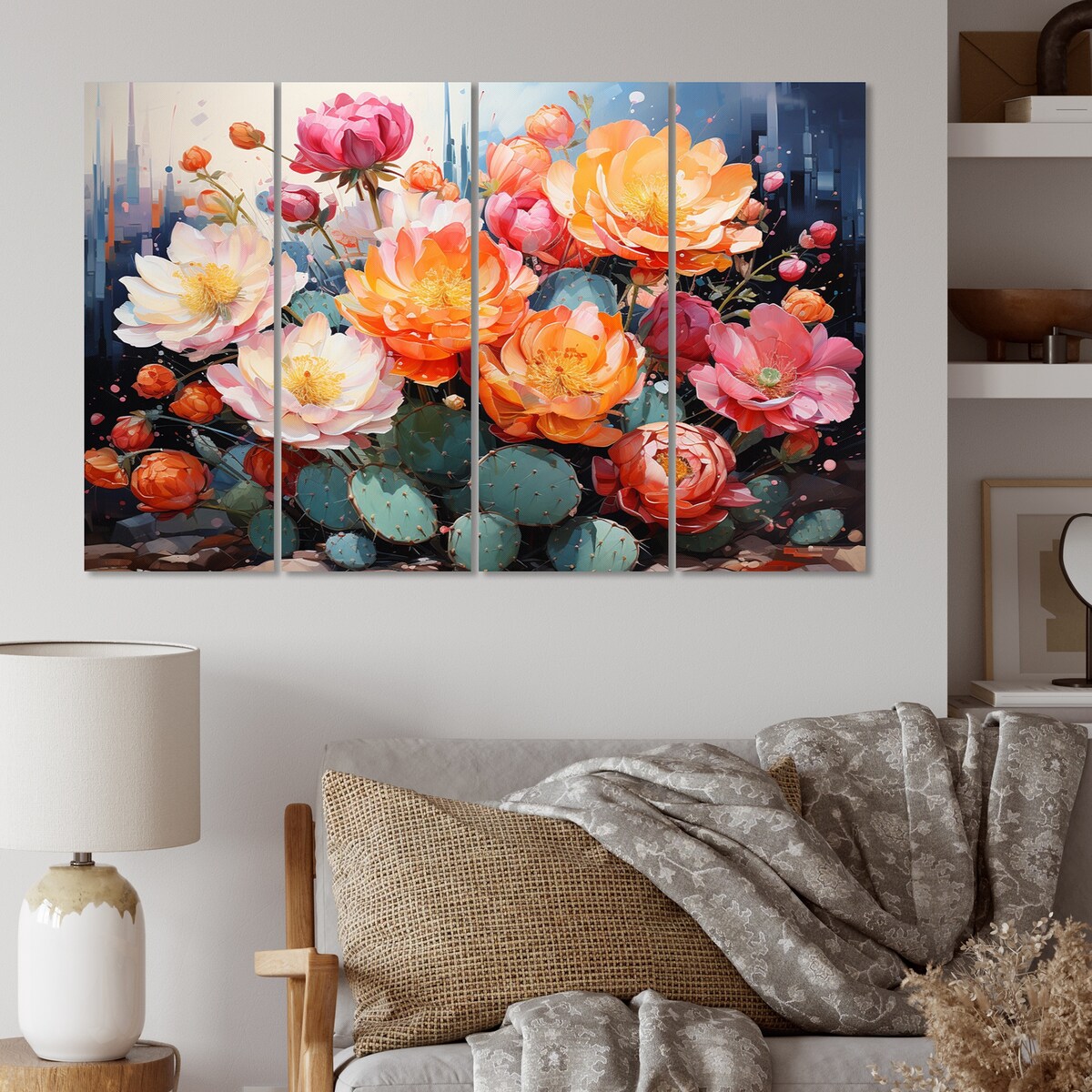 Designart "Peach Green Cactus Representation Multicolored Acrylic I" Floral Art Living Room Set