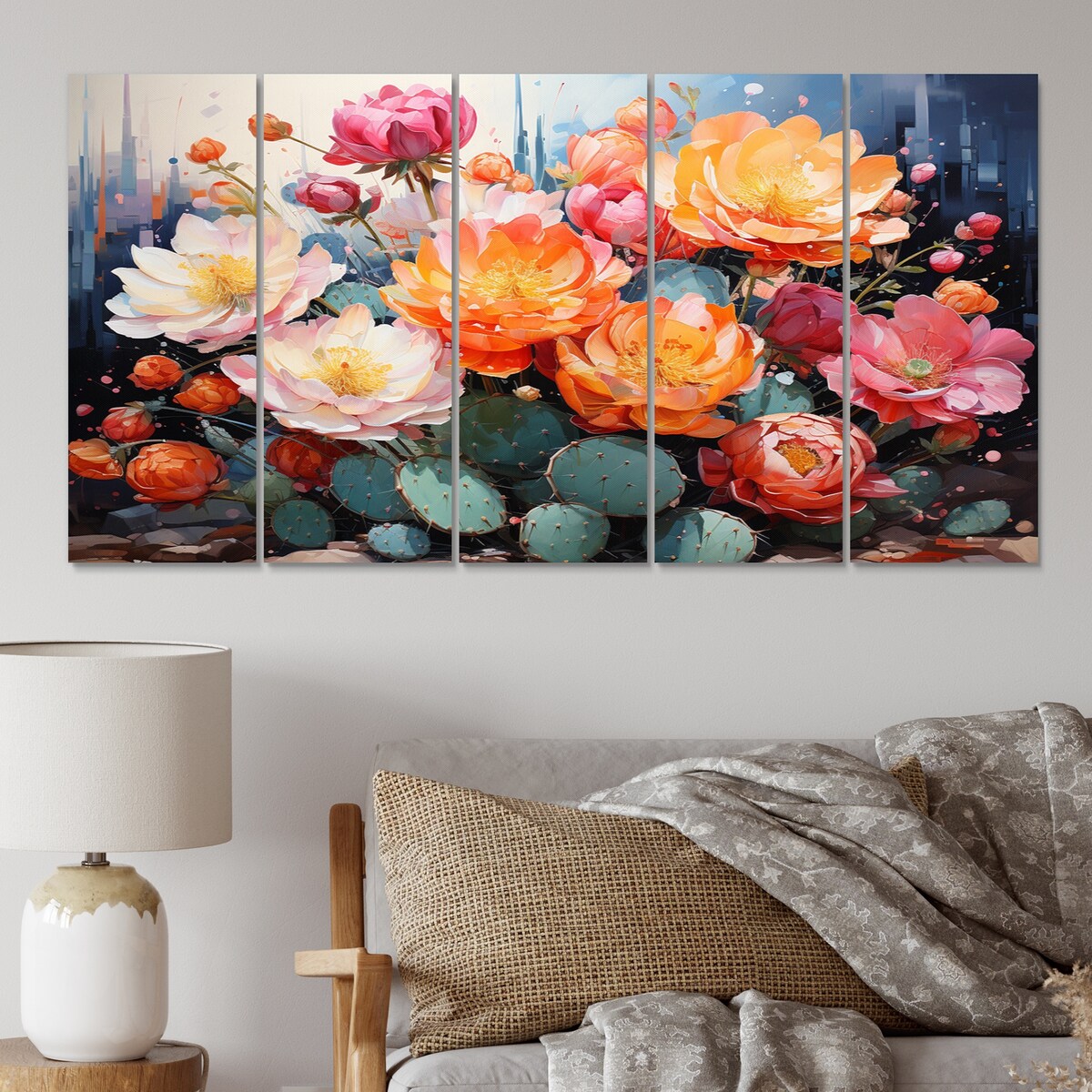 Designart "Peach Green Cactus Representation Multicolored Acrylic I" Floral Art Living Room Set