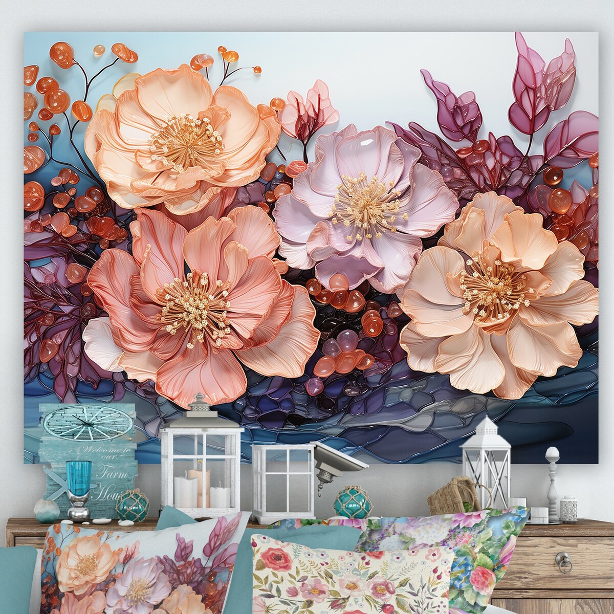 Designart "Peach Hydrangea S Whispers" Flowers Wall Art