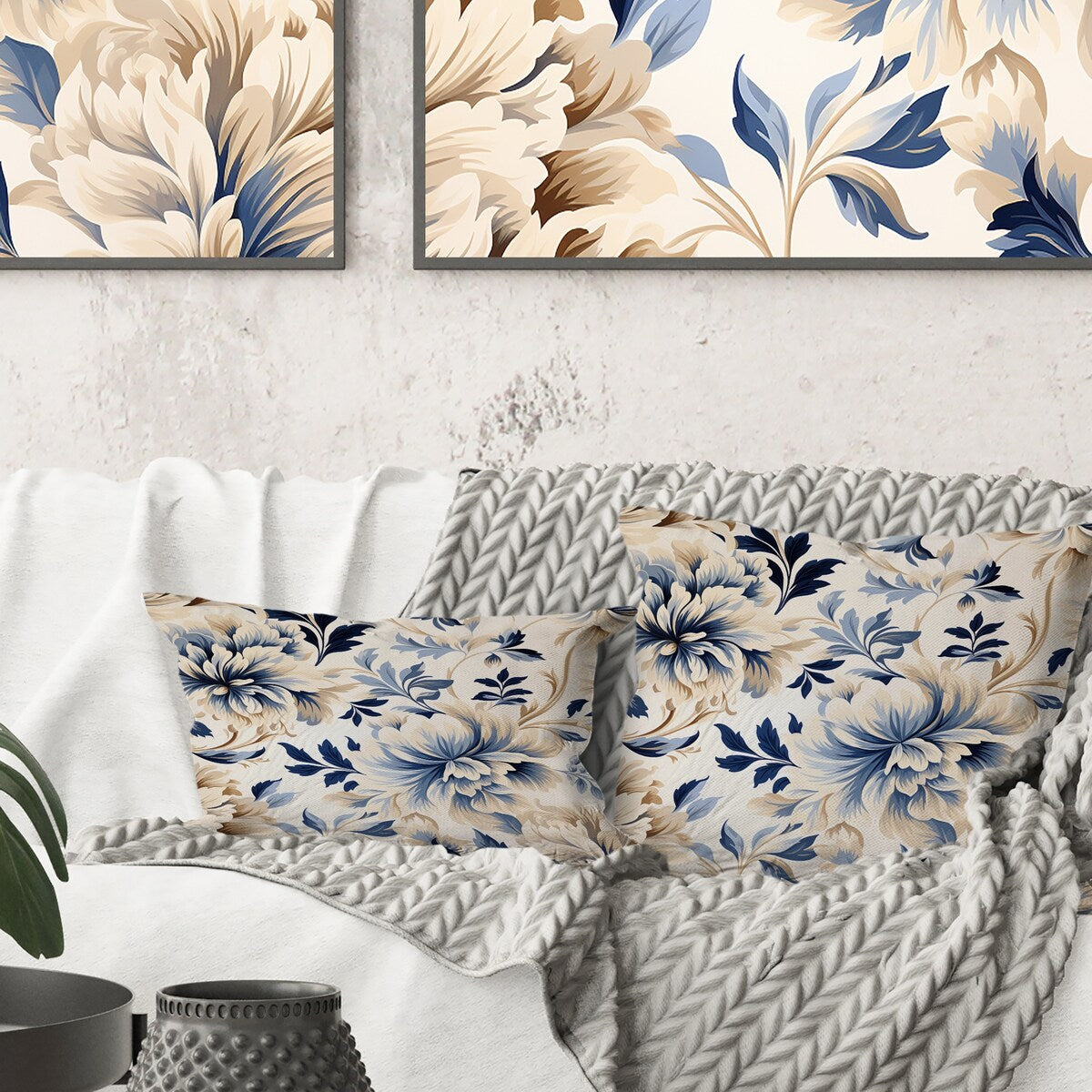 Designart "Petal Symphony Blue Damask Harmony" Damask Printed Throw Pillow