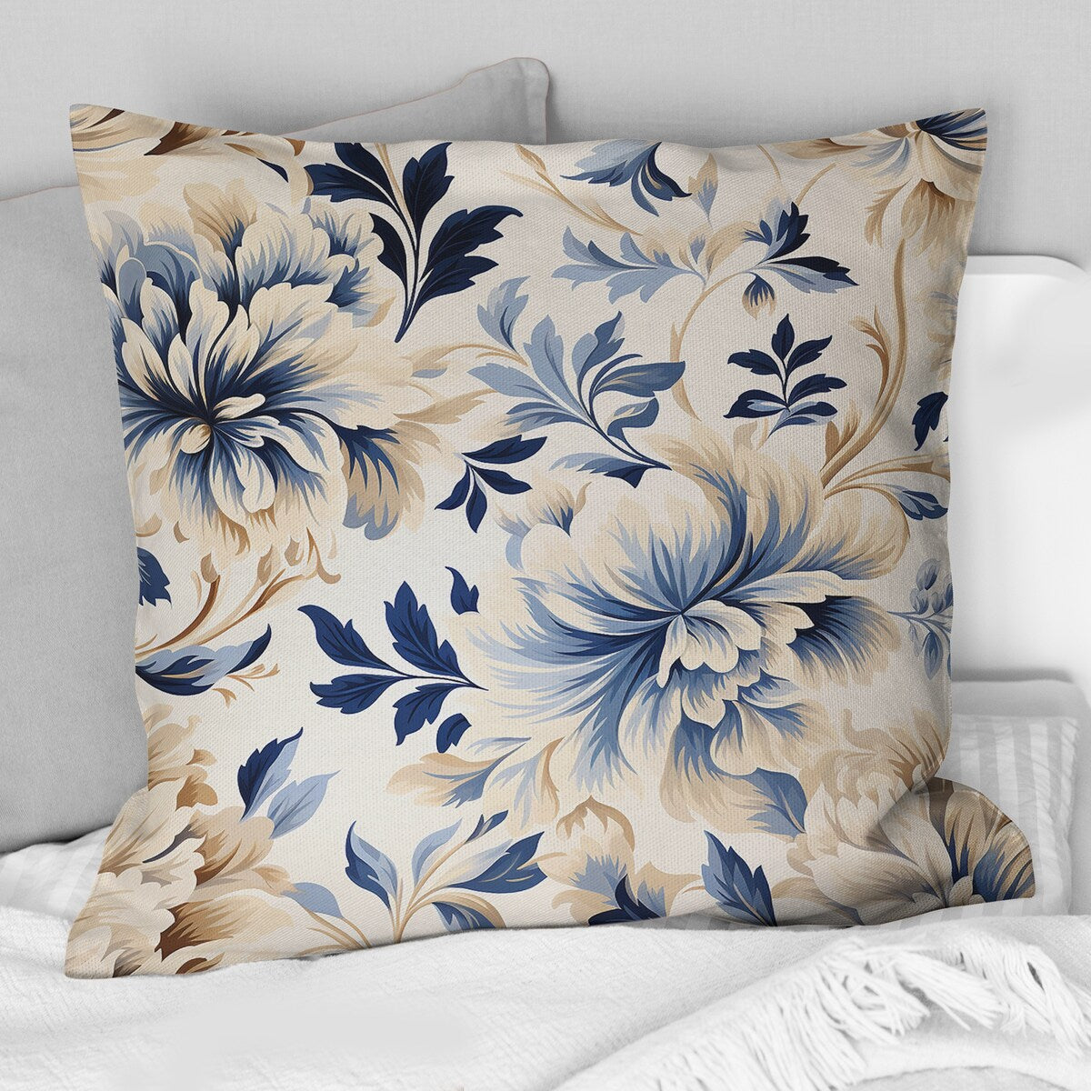 Designart "Petal Symphony Blue Damask Harmony" Damask Printed Throw Pillow
