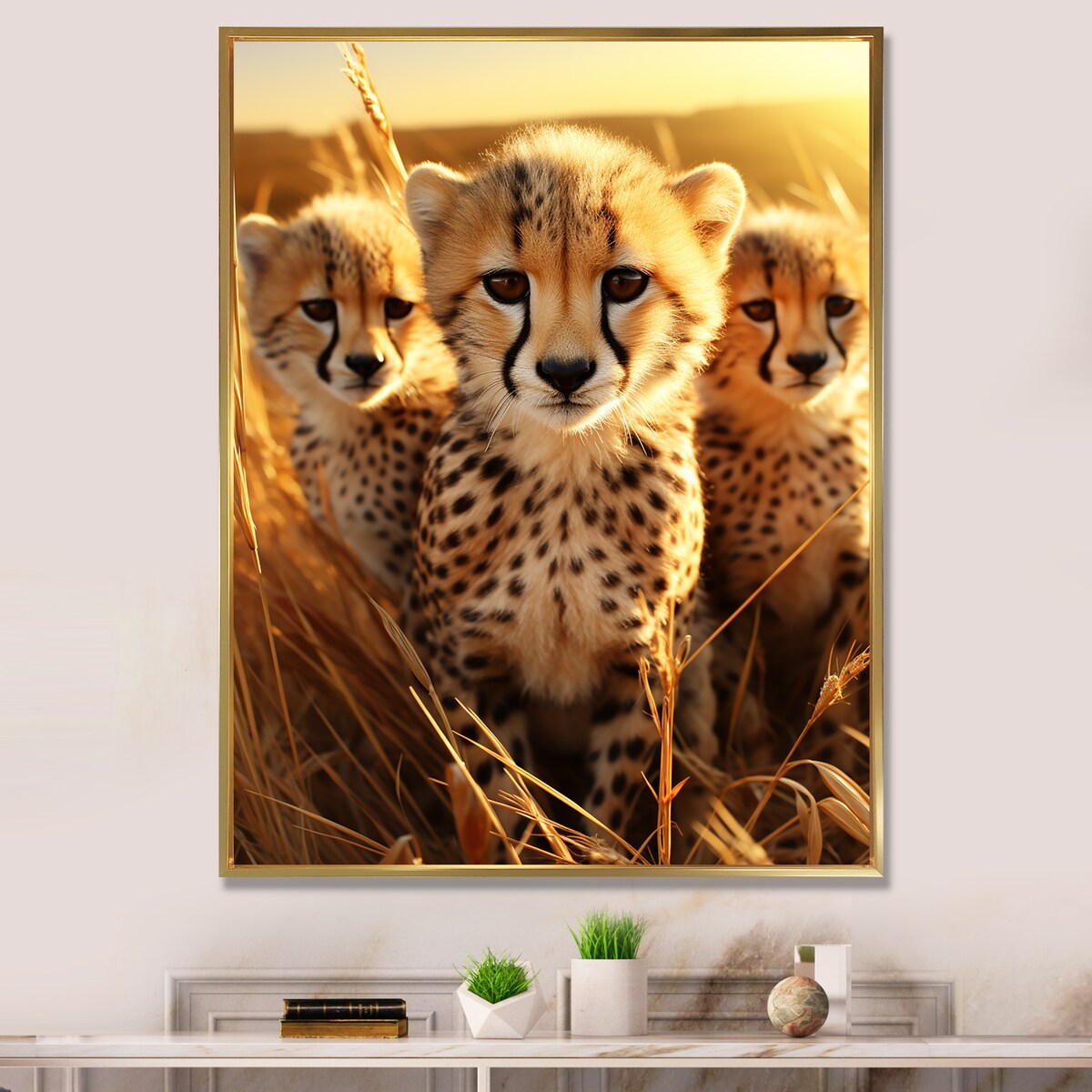 Designart "Photo Of Cheetah Chase II" Cheetah Brown Wall Decor - Traditional Bedroom Framed Canvas Wall Art